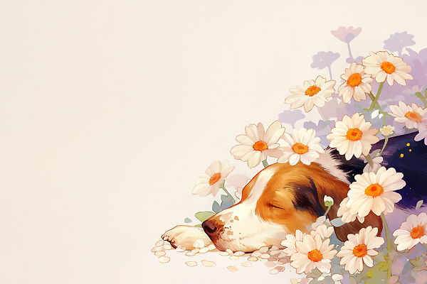 JPG 꽃잎 엎드리기 일러스트 봄꽃 자연 휴식 사람없음 평화 눈감음 봄풍경 강아지 힐링 베이지색 국내일러스트 AI일러스트 AI콘텐츠 꽃 컬러 컨셉 모션 풍경 반려동물 봄 개 생태계 파일형식