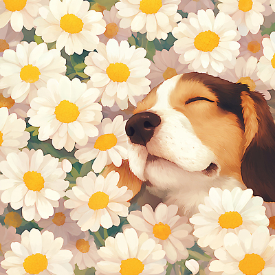 JPG 일러스트 봄꽃 자연 휴식 사람없음 평화 눈감음 봄풍경 강아지 힐링 국내일러스트 AI일러스트 AI콘텐츠 꽃 컨셉 모션 풍경 반려동물 봄 개 생태계 파일형식