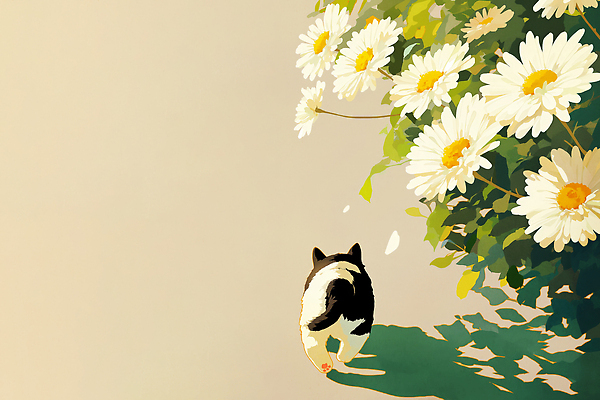 JPG 꽃잎 잎 일러스트 봄꽃 자연 휴식 그림자 사람없음 평화 걷기 고양이 봄풍경 힐링 베이지색 국내일러스트 AI일러스트 AI콘텐츠 식물 꽃 컬러 컨셉 포유류 모션 풍경 반려동물 봄 생태계 파일형식