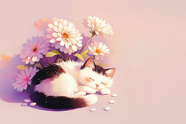 JPG 꽃잎 엎드리기 잎 일러스트 봄꽃 자연 휴식 그림자 사람없음 평화 눈감음 고양이 봄풍경 힐링 국내일러스트 AI일러스트 AI콘텐츠 식물 꽃 컨셉 포유류 모션 풍경 반려동물 봄 생태계 파일형식