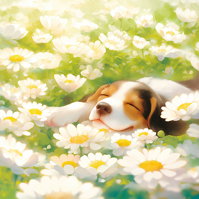JPG 엎드리기 잎 일러스트 봄꽃 자연 휴식 사람없음 햇빛 평화 눈감음 봄풍경 강아지 힐링 국내일러스트 AI일러스트 AI콘텐츠 식물 꽃 컨셉 모션 풍경 반려동물 태양 봄 개 생태계 파일형식