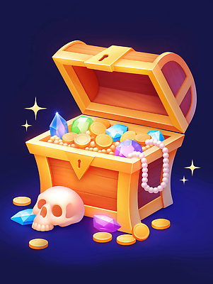 JPG 일러스트 해골 사람없음 빛 반짝임 오픈 화려 보석 남색 진주 금화 보물상자 보석상자 국내일러스트 AI일러스트 AI콘텐츠 컬러 컨셉 모션 뼈 상자 황금 광석 파일형식