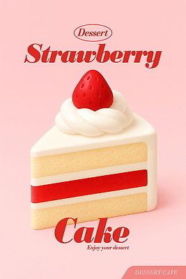 PSD 포스터 분홍색 일러스트 딸기 디저트 사람없음 조각케이크 생크림 딸기케이크 국내일러스트 음식 컬러 과일 케이크 크림 파일형식