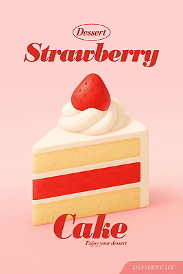 PSD 포스터 분홍색 일러스트 딸기 디저트 사람없음 조각케이크 생크림 딸기케이크 국내일러스트 음식 컬러 과일 케이크 크림 파일형식