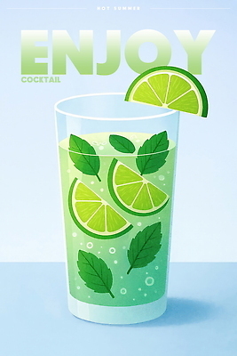 PSD 포스터 음료 일러스트 사람없음 파란색 칵테일 민트 즐거움 칵테일잔 슬라이스 라임 탄산 국내일러스트 감정 컬러 술잔 과일 주류 허브 파일형식