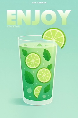 PSD 포스터 음료 일러스트 사람없음 칵테일 허브 즐거움 칵테일잔 슬라이스 라임 민트색 국내일러스트 식물 감정 컬러 술잔 과일 주류 파일형식