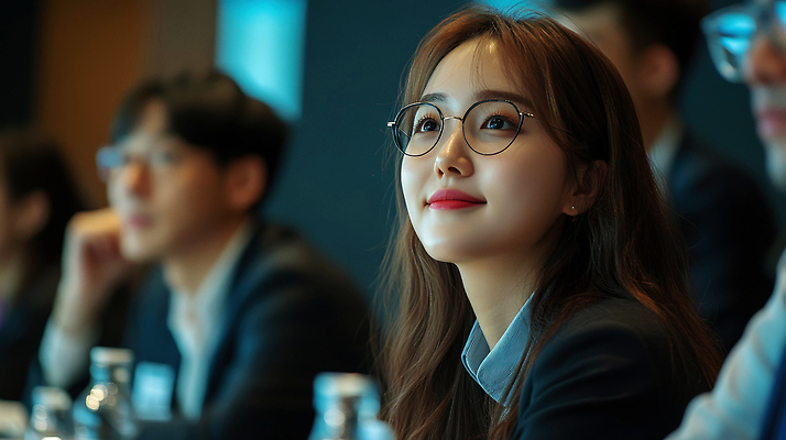 JPG 편집이미지 여자 남자 미소 여러명 상반신 성인 빛 비즈니스맨 비즈니스우먼 회의실 컨퍼런스 의료성형뷰티 성인만 안경낌 편집실사 AI인물포토 AI콘텐츠 안경 다수 비즈니스 회의 표정 사람 직장인 CG 파일형식 AI포토