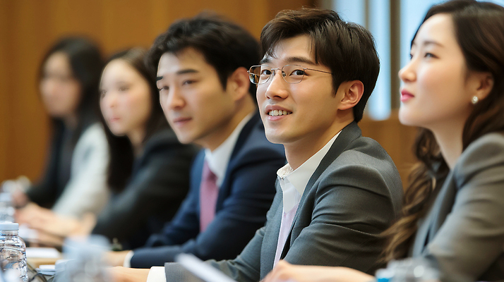 JPG 편집이미지 여자 남자 미소 여러명 상반신 성인 비즈니스맨 비즈니스우먼 토론 회의실 컨퍼런스 의료성형뷰티 성인만 안경낌 편집실사 AI인물포토 AI콘텐츠 안경 다수 비즈니스 회의 표정 사람 직장인 CG 파일형식 AI포토