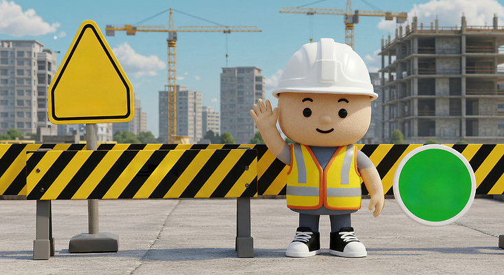 JPG 전신 구름 편집이미지 남자 하늘 안내 한명 미소 안전 성인 3D 손들기 건설현장 안전모 위험 안전가드 안전조끼 안전표지판 성인남자한명만 편집3D AI컴퓨터그래픽 AI콘텐츠 자연요소 1 컨셉 모션 건설업 표정 사람 표지판 헬멧 안전장비 디지털합성 남자한명만 성인남자만 파일형식