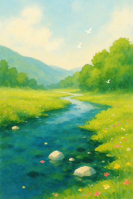 JPG 나무 구름 꽃밭 일러스트 자연 조류 하늘 수채화 산 잔디 사람없음 초록색 계곡 여름풍경 돌_바위 숲속 국내일러스트 AI일러스트 AI콘텐츠 자연요소 식물 동물 꽃 컬러 풍경 숲 생태계 파일형식 여름_계절