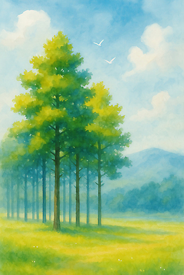 JPG 나무 구름 일러스트 자연 하늘 수채화 그림자 잔디 사람없음 초록색 여름풍경 숲속 국내일러스트 AI일러스트 AI콘텐츠 자연요소 식물 컬러 풍경 숲 생태계 파일형식 여름_계절