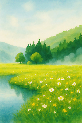 JPG 나무 구름 호수 꽃밭 일러스트 자연 하늘 수채화 산 잔디 사람없음 초록색 여름풍경 숲속 국내일러스트 AI일러스트 AI콘텐츠 자연요소 식물 꽃 컬러 풍경 숲 생태계 파일형식 여름_계절