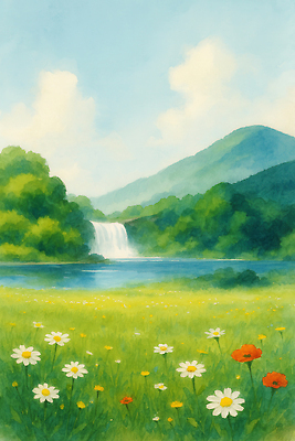 JPG 나무 구름 호수 꽃밭 일러스트 자연 하늘 수채화 산 잔디 사람없음 초록색 여름풍경 폭포 숲속 국내일러스트 AI일러스트 AI콘텐츠 자연요소 식물 꽃 컬러 풍경 숲 생태계 파일형식 여름_계절