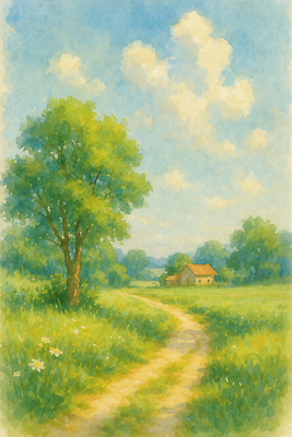 JPG 나무 구름 꽃밭 일러스트 자연 하늘 수채화 주택 잔디 사람없음 초록색 여름풍경 숲속 숲길 국내일러스트 AI일러스트 AI콘텐츠 자연요소 식물 꽃 길 컬러 풍경 건물 숲 생태계 파일형식 여름_계절