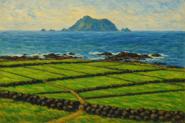 JPG 구름 섬 일러스트 자연 하늘 돌담 해변 사람없음 제주도 봄풍경 유화 청보리 청보리밭 국내일러스트 AI일러스트 AI콘텐츠 자연요소 바다 밭 한국 미술 풍경 담장 봄 돌_바위 생태계 보리 파일형식