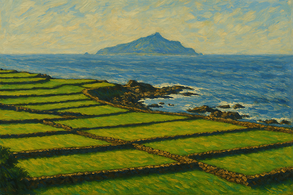 JPG 구름 섬 일러스트 자연 하늘 돌담 해변 사람없음 제주도 봄풍경 유화 청보리 청보리밭 국내일러스트 AI일러스트 AI콘텐츠 자연요소 바다 밭 한국 미술 풍경 담장 봄 돌_바위 생태계 보리 파일형식