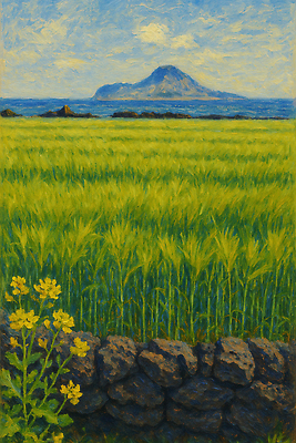 JPG 구름 섬 일러스트 자연 하늘 돌담 해변 사람없음 제주도 봄풍경 유채 유화 청보리 청보리밭 국내일러스트 AI일러스트 AI콘텐츠 자연요소 꽃 바다 밭 한국 미술 풍경 담장 봄 돌_바위 생태계 보리 파일형식