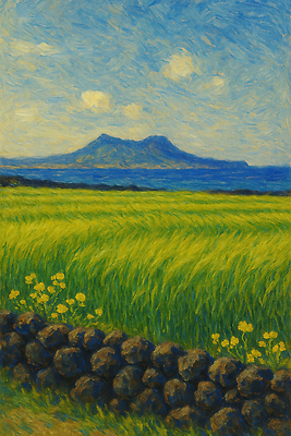 JPG 구름 섬 일러스트 자연 하늘 돌담 해변 사람없음 제주도 봄풍경 유채 유화 청보리 청보리밭 국내일러스트 AI일러스트 AI콘텐츠 자연요소 꽃 바다 밭 한국 미술 풍경 담장 봄 돌_바위 생태계 보리 파일형식