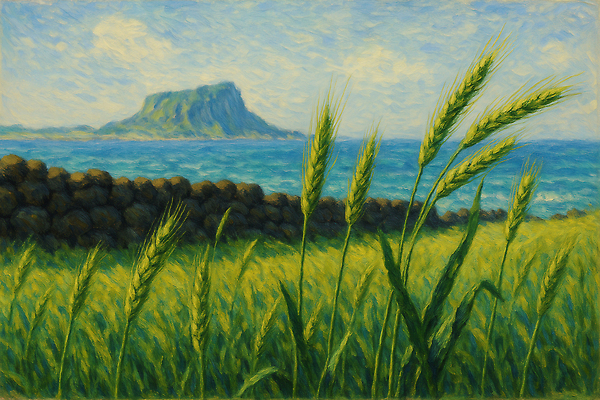 JPG 구름 섬 일러스트 자연 하늘 돌담 해변 사람없음 제주도 봄풍경 유화 청보리 청보리밭 국내일러스트 AI일러스트 AI콘텐츠 자연요소 바다 밭 한국 미술 풍경 담장 봄 돌_바위 생태계 보리 파일형식