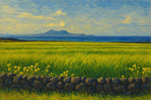 JPG 구름 섬 일러스트 자연 하늘 돌담 해변 사람없음 제주도 봄풍경 유채 유화 청보리 청보리밭 국내일러스트 AI일러스트 AI콘텐츠 자연요소 꽃 바다 밭 한국 미술 풍경 담장 봄 돌_바위 생태계 보리 파일형식