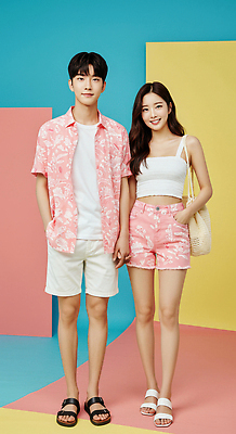 JPG 편집이미지 여자 패션 남자 가방 미소 성인 두명 여름 여름휴가 바캉스 손잡기 샌들 커플룩 주머니손 여름옷 꽃무늬셔츠 의료성형뷰티 성인만 편집실사 AI인물포토 AI콘텐츠 커플 잡화 옷 계절 신발 셔츠 모션 휴가 표정 사람 CG 파일형식 여름_계절 AI포토