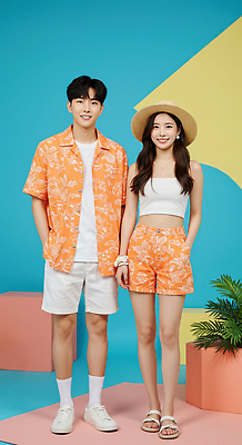 JPG 편집이미지 모자 여자 패션 남자 미소 성인 두명 여름 여름휴가 바캉스 샌들 커플룩 주머니손 여름옷 꽃무늬셔츠 의료성형뷰티 성인만 편집실사 AI인물포토 AI콘텐츠 커플 잡화 옷 계절 신발 셔츠 모션 휴가 표정 사람 CG 파일형식 여름_계절 AI포토