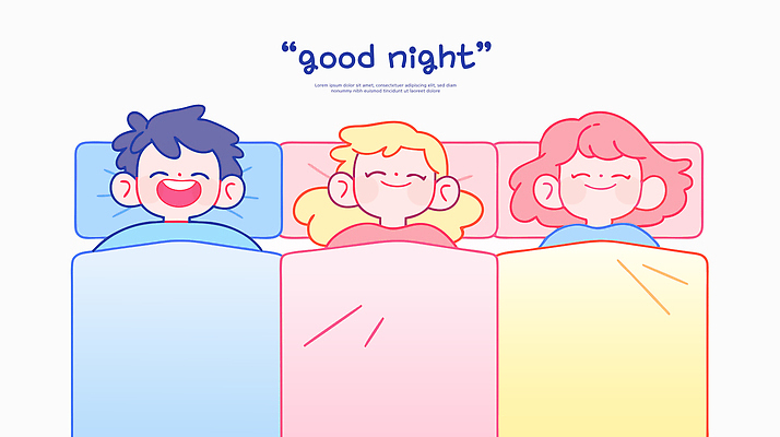 여자 남자 어린이 일러스트 베개 미소 소녀 소년 상반신 세명 눕기 이불 어린이만 국내일러스트 수면_잠 AI파일 침구 모션 표정 사람 잠 파일형식 벡터