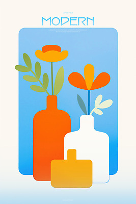 PSD 포스터 잎 일러스트 미술 사람없음 파란색 꽃병 주황색 모던 국내일러스트 식물 꽃 컬러 문화예술 파일형식