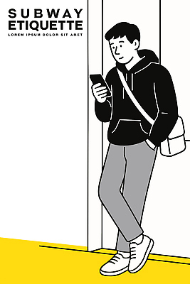 전신 남자 일러스트 경고 한명 미소 들기 안전 성인 스마트폰 노란색 기댐 금지 전철 위험 주머니손 크로스백 질서 매너 스크린도어 성인남자한명만 국내일러스트 AI파일 1 육상교통 컬러 컨셉 가방 모션 대중교통 표정 사람 핸드폰 스마트기기 예절 안전장비 남자한명만 성인남자만 파일형식 벡터