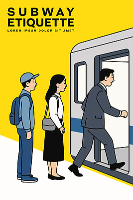 전신 여자 남자 일러스트 배낭 정장 성인 세명 노란색 전철 승차 크로스백 일렬 질서 매너 순서 줄서기 캡모자 성인만 국내일러스트 AI파일 모자_잡화 옷 육상교통 컬러 가방 모션 대중교통 사람 예절 파일형식 벡터