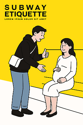 전신 여자 남자 일러스트 친절 허리숙이기 앉기 성인 두명 노란색 임산부 잡기 전철 크로스백 양보 따봉 질서 매너 손뻗기 착함 임산부석 성인만 국내일러스트 교통약자 AI파일 육상교통 컬러 의자 가방 모션 대중교통 숙이기 사람 임신 예절 최고 배려 배려석 성격 파일형식 벡터