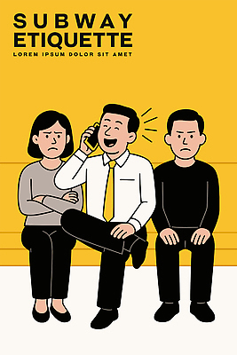 여자 남자 일러스트 웃음 들기 정장 성인 세명 스마트폰 노란색 팔짱 다리꼬기 분노 전철 좁은 통화 시끄러움 질서 매너 불쾌함 성인만 불편함 국내일러스트 AI파일 옷 감정 육상교통 컬러 모션 대중교통 표정 사람 핸드폰 스마트기기 예절 감각 파일형식 벡터