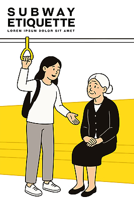 전신 여자 노년 일러스트 배낭 친절 서기 미소 앉기 성인 두명 노란색 잡기 전철 손내밀기 감사 양보 손모으기 질서 매너 착함 노약자 버스손잡이 여자만 국내일러스트 교통약자 AI파일 감정 육상교통 컬러 가방 모션 대중교통 표정 손잡이 사람 손짓 예절 배려 성격 파일형식 벡터