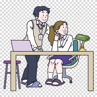 전신 편집이미지 여자 남자 미소 누끼 앉기 성인 두명 노트북 턱괴기 스탠드 비즈니스맨 비즈니스우먼 책상 PNG 사원증 바퀴의자 스툴 손짚기 성인만 가구 의자 비즈니스 모션 조명 표정 사람 손짓 전자제품 직장인 파일형식