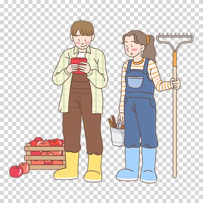 전신 편집이미지 여자 남자 미소 들기 누끼 성인 두명 놀람 사과 양동이 멜빵바지 PNG 갈퀴 사과상자 성인만 청년농부 감정 과일 바지 모션 표정 사람 상자 농부 멜빵 파일형식