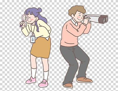 전신 편집이미지 여자 남자 돋보기 숙이기 미소 누끼 성인 두명 쌍안경 관찰 PNG 사원증 성인만 포즈 비즈니스 모션 표정 사람 망원경 파일형식