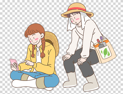 전신 편집이미지 여자 남자 가방 숙이기 미소 들기 누끼 성인 두명 스마트폰 수건 가리킴 밀짚모자 가부좌 PNG 성인만 청년농부 모자_잡화 잡화 포즈 모션 표정 사람 앉기 손짓 핸드폰 스마트기기 위생용품 농부 파일형식