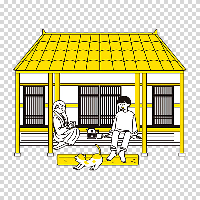전신 편집이미지 여자 남자 기와집 미소 들기 누끼 앉기 성인 두명 컵 노란색 고양이 대청 커피포트 힐링 PNG 창호문 성인만 식기 컬러 포유류 모션 주전자 한옥 표정 사람 반려동물 문 파일형식