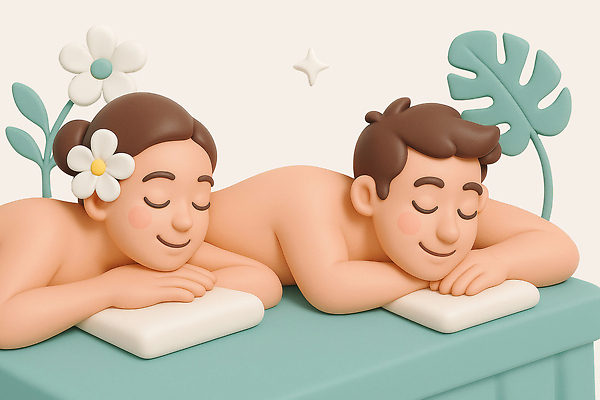 PSD 편집이미지 여자 남자 꽃 엎드리기 베개 탈의 미소 상반신 성인 두명 반짝임 3D 눈감음 스파 마사지 편안함 마사지테이블 몬스테라 성인만 편집3D 식물 침구 모션 표정 사람 감각 디지털합성 파일형식