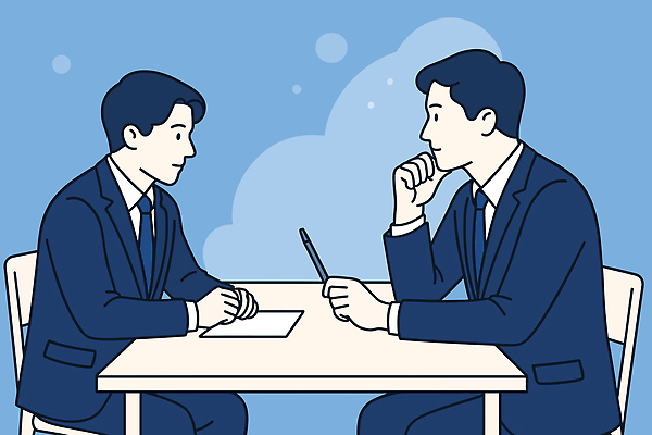 남자 종이 의자 일러스트 비즈니스 대화 정장 성인 두명 파란색 볼펜 턱괴기 비즈니스맨 책상 상담 소통 면담 성인남자만 국내일러스트 AI파일 옷 컬러 가구 컨셉 모션 말하기 사람 펜 직장인 남자만 성인만 파일형식 벡터