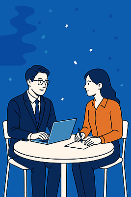 여자 남자 종이 의자 일러스트 비즈니스 대화 정장 성인 두명 파란색 노트북 볼펜 타이핑 기록 비즈니스맨 비즈니스우먼 책상 상담 소통 면담 성인만 안경낌 국내일러스트 AI파일 옷 안경 컬러 가구 컨셉 말하기 사람 전자제품 펜 직장인 파일형식 벡터