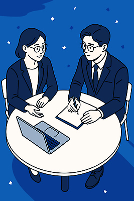 여자 남자 의자 일러스트 비즈니스 대화 정장 성인 두명 파란색 노트북 볼펜 기록 비즈니스맨 비즈니스우먼 책상 상담 소통 면담 서류판 성인만 안경낌 국내일러스트 AI파일 옷 안경 컬러 가구 컨셉 말하기 사람 전자제품 펜 사무용품 직장인 파일형식 벡터