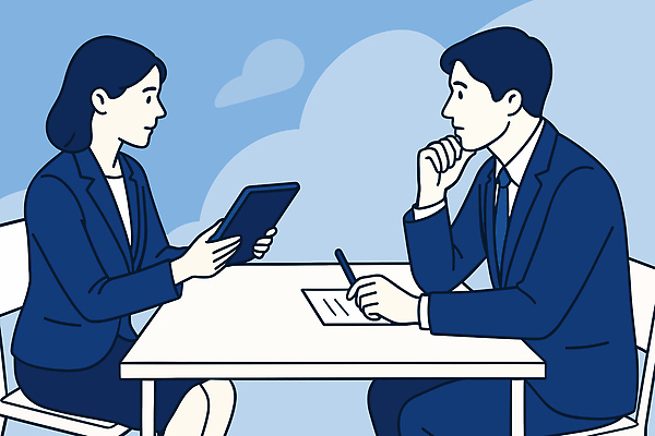 여자 남자 종이 의자 일러스트 비즈니스 대화 들기 정장 성인 두명 파란색 태블릿 볼펜 턱괴기 기록 비즈니스맨 비즈니스우먼 책상 상담 소통 면담 성인만 국내일러스트 AI파일 옷 컬러 가구 컨셉 모션 말하기 사람 전자제품 스마트기기 펜 직장인 파일형식 벡터