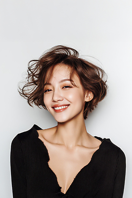 JPG 모델 편집이미지 여자 한명 미소 상반신 성인 뷰티 단발머리 헤어관리 뷰티풀 의료성형뷰티 브이넥 성인여자한명만 편집실사 AI인물포토 AI콘텐츠 1 헤어스타일 티셔츠 표정 사람 CG 여자한명만 성인여자만 파일형식 AI포토