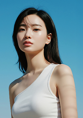 JPG 편집이미지 여자 하늘 한명 상반신 성인 여름 파란색 햇빛 뷰티 시원함 피부관리 의료성형뷰티 성인여자한명만 피부톤 퍼스널컬러 편집실사 AI인물포토 AI콘텐츠 1 계절 컬러 사람 태양 피부 CG 여자한명만 성인여자만 파일형식 AI포토