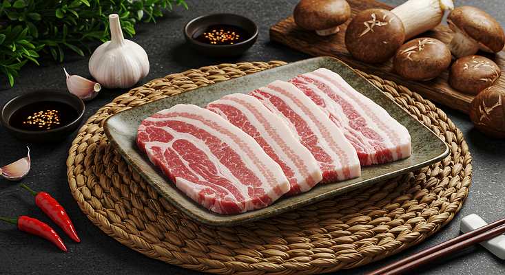 JPG 편집이미지 접시 음식 식재료 젓가락 고추 마늘 생고기 돼지고기 사람없음 소스 삼겹살 종지 표고버섯 젓가락받침대 테이블매트 맛있는 편집실사 AI포토 AI콘텐츠 그릇 식기 채소 수저 육류 버섯 식탁보 양념 CG 수저받침대 파일형식