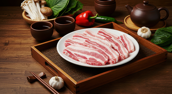 JPG 편집이미지 접시 음식 식재료 젓가락 고추 파프리카 마늘 생고기 돼지고기 사람없음 찻잔 찻주전자 삼겹살 깻잎 팽이버섯 표고버섯 나무쟁반 젓가락받침대 맛있는 편집실사 AI포토 AI콘텐츠 식기 채소 주전자 잔 쟁반 수저 육류 목재 버섯 CG 수저받침대 파일형식