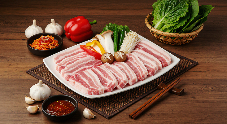 JPG 편집이미지 접시 음식 식재료 젓가락 고추 반찬 파프리카 마늘 생고기 돼지고기 사람없음 소쿠리 소스 상추 삼겹살 종지 팽이버섯 표고버섯 무생채 새송이버섯 젓가락받침대 테이블매트 맛있는 편집실사 AI포토 AI콘텐츠 그릇 식기 채소 수저 육류 바구니 버섯 식탁보 양념 CG 수저받침대 파일형식