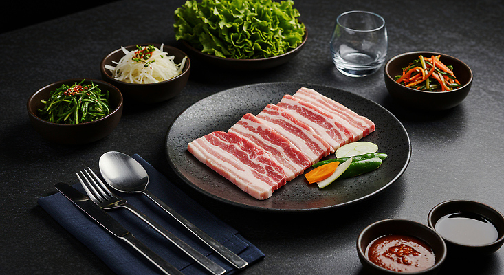 JPG 편집이미지 접시 음식 포크 식재료 고추 반찬 생고기 돼지고기 사람없음 숟가락 소스 나이프 상추 삼겹살 종지 소주잔 맛있는 편집실사 AI포토 AI콘텐츠 그릇 식기 채소 술잔 수저 육류 양념 칼 CG 소주 파일형식