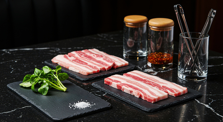 JPG 편집이미지 접시 음식 식재료 통 집게 생고기 돼지고기 사람없음 소스 삼겹살 대리석 소금 바질 소스통 맛있는 편집실사 AI포토 AI콘텐츠 식기 재료 육류 양념 소스_음식 CG 파일형식